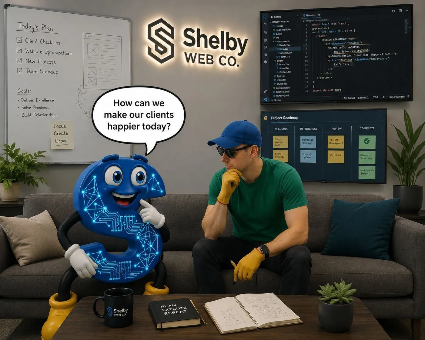 Dave and our mascot working together